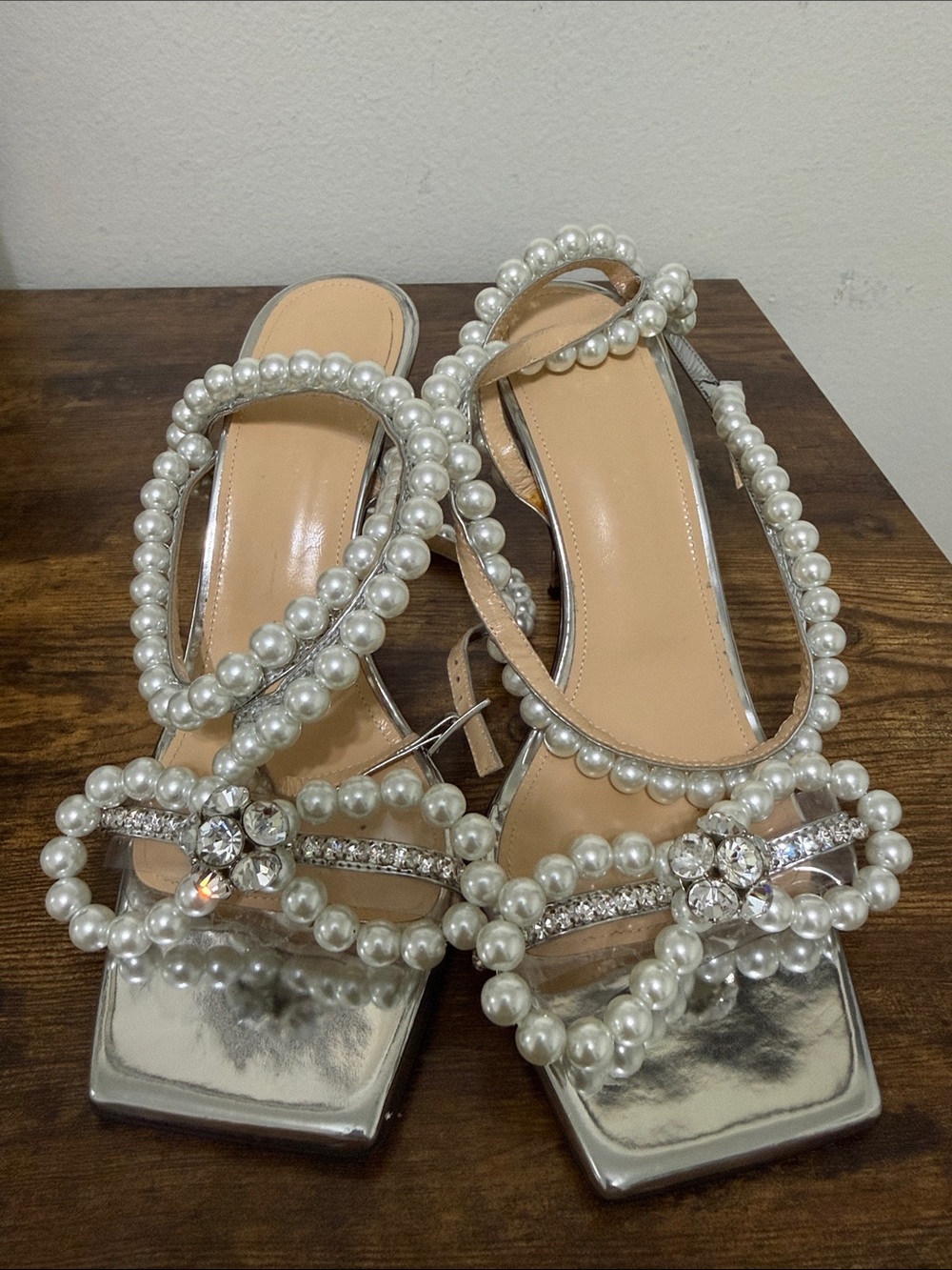 MACH & MACH Silver Pearl-Embellished Strappy Sandals